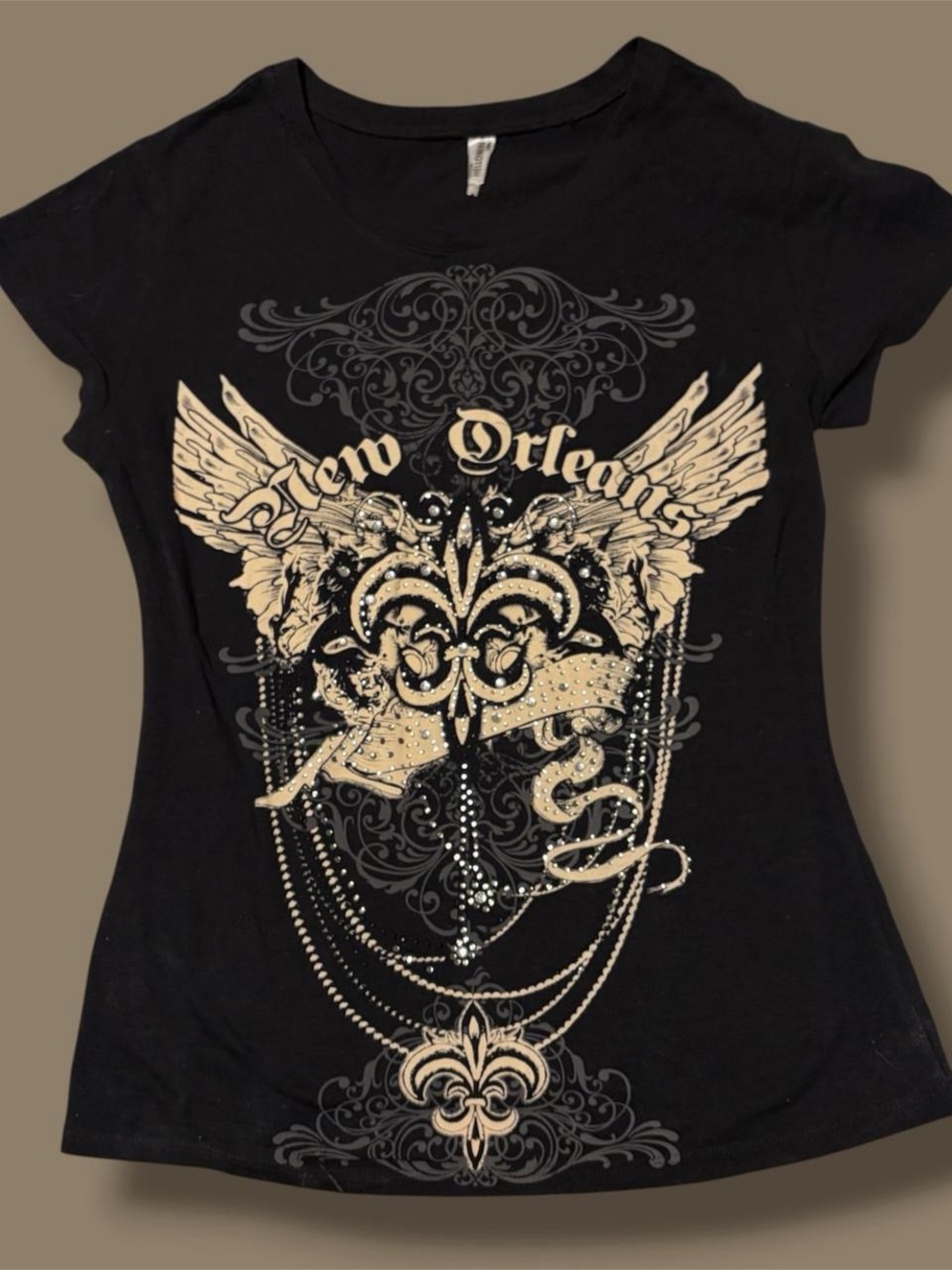 Y2K New Orleans Rhinestone Baby Tee Size Large Mcbling Cybergrunge NOLA